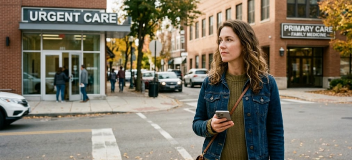 Woman standing outside a healthcare clinic while deciding between primary care and urgent care services.