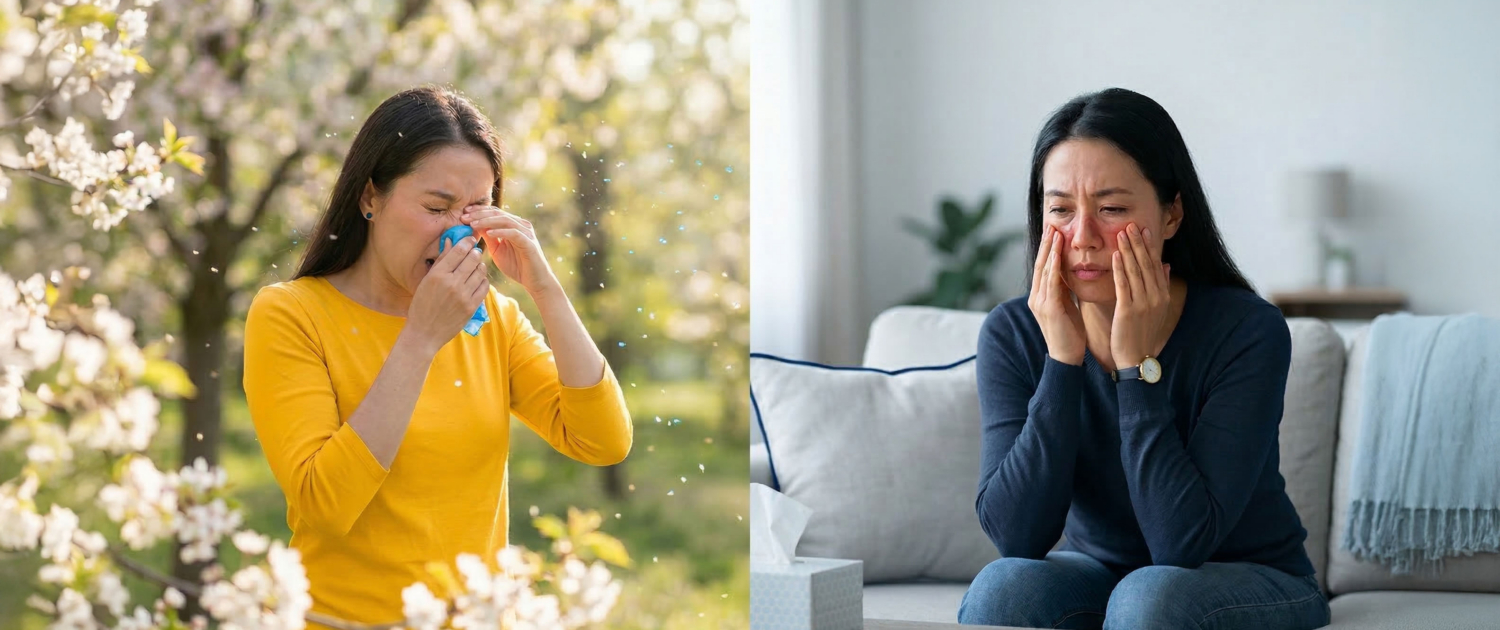 Woman sneezing from seasonal allergies outdoors next to woman experiencing sinus pressure indoors
