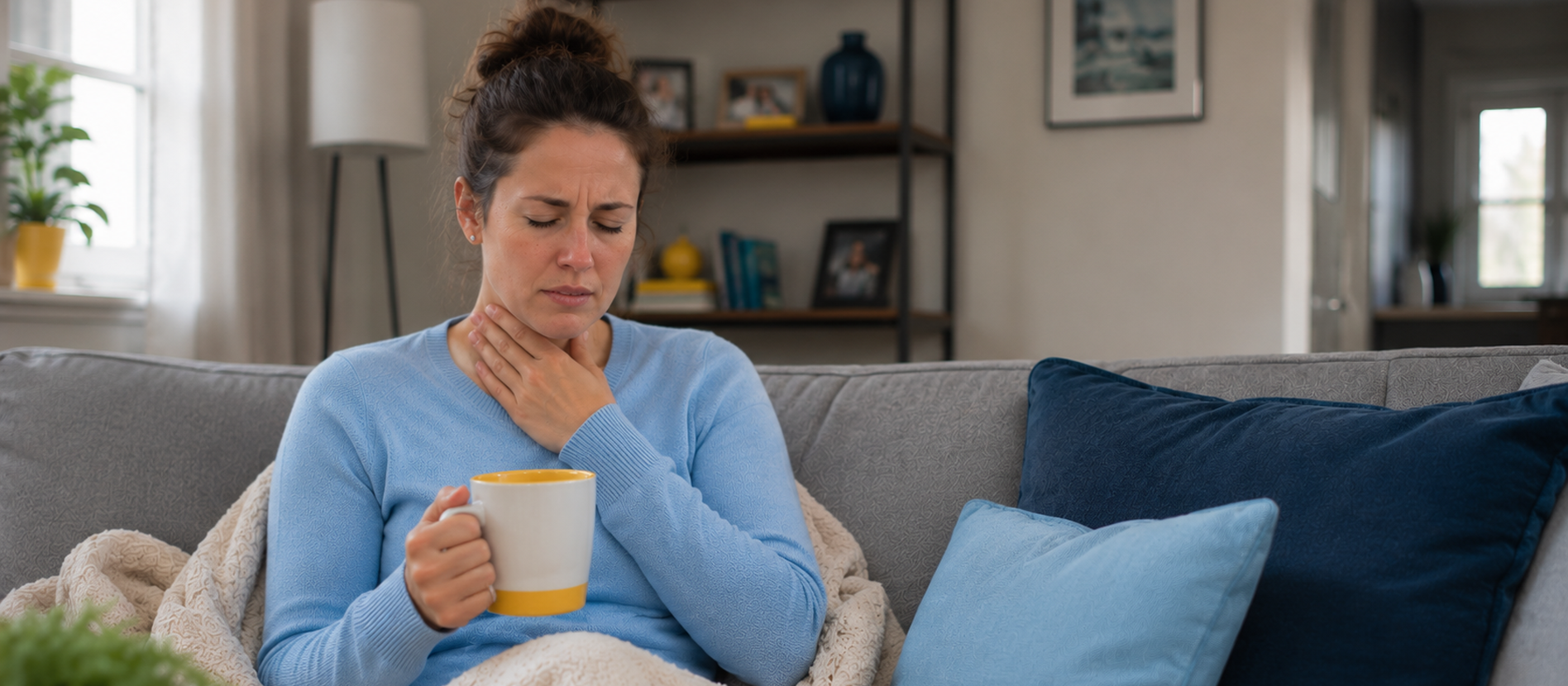 Woman with a sore throat holding a warm drink while resting at home