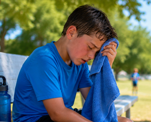 Young athlete sitting on a bench outdoors while cooling off with a towel after experiencing heat exhaustion symptoms.