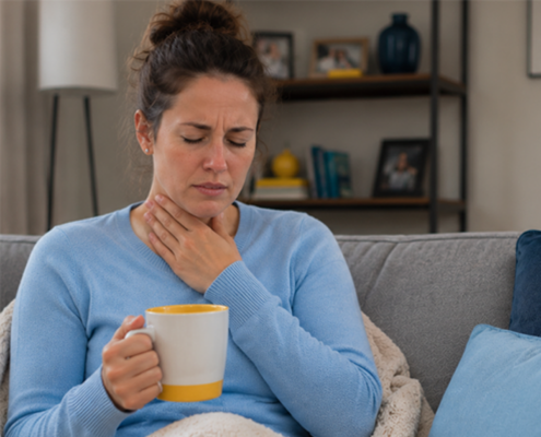 Woman sitting on a couch holding a mug while touching her sore throat, appearing to experience throat pain or discomfort.