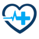 blue icon graphic in shape of heart with medical heartbeat and cross