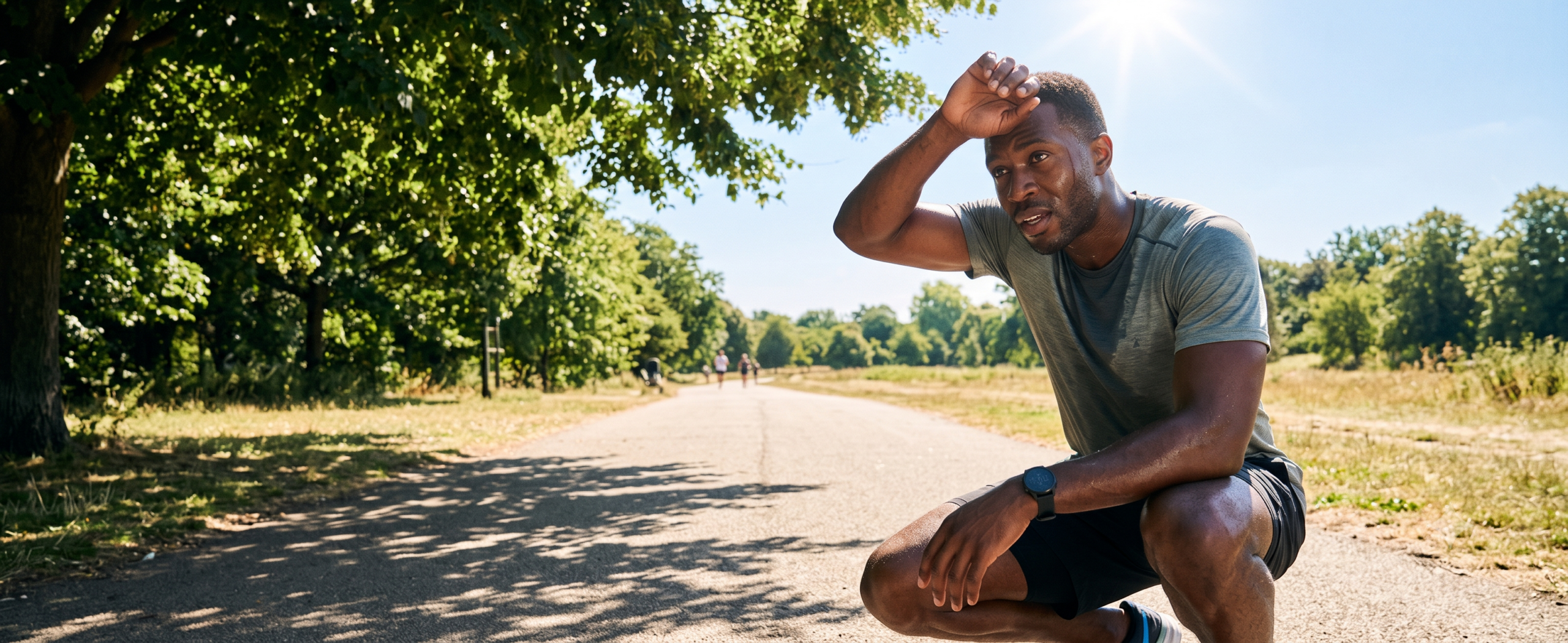 Man resting after exercising in summer heat while wiping sweat from his forehead outdoors