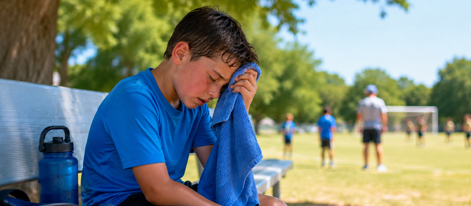 young child sits on the bench of a youth sports event drenched in sweat and suffering from potential heat exhaustion