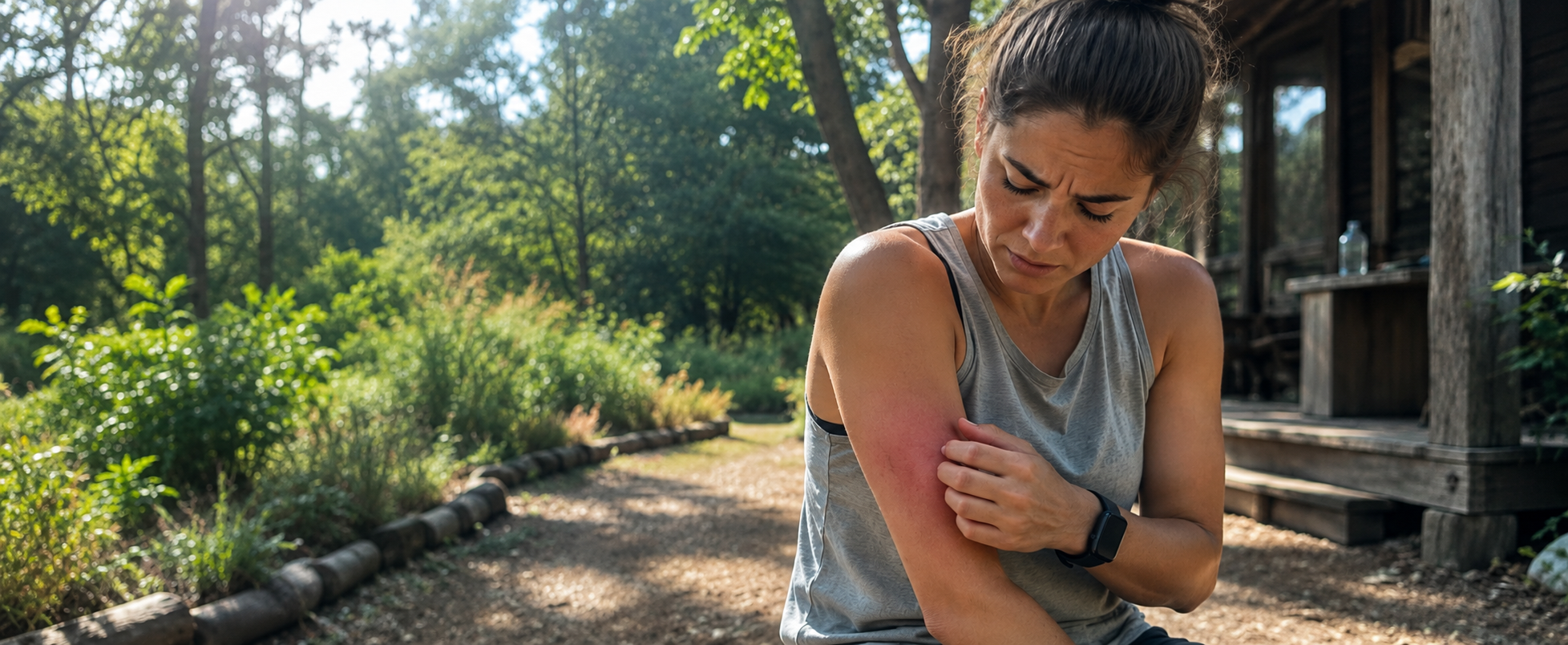Woman examining a large red, swollen mosquito bite on her upper arm while outdoors.
