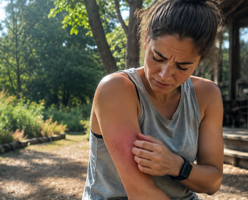 Woman examining a large red, swollen mosquito bite on her upper arm while outdoors.