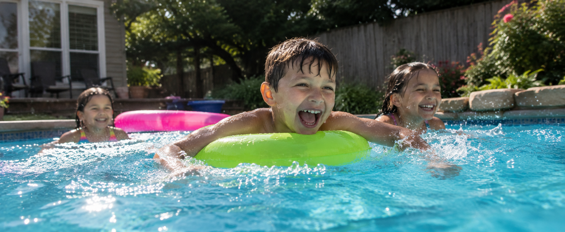 Children laughing and splashing together in a backyard swimming pool on a sunny summer day.
