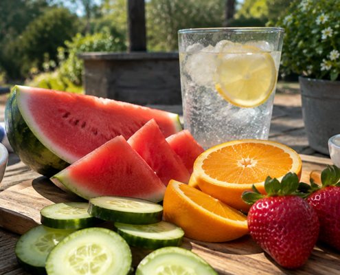 Hydrating summer foods including watermelon, cucumber, strawberries, oranges and a glass of water with lemon.