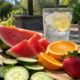 Hydrating summer foods including watermelon, cucumber, strawberries, oranges and a glass of water with lemon.