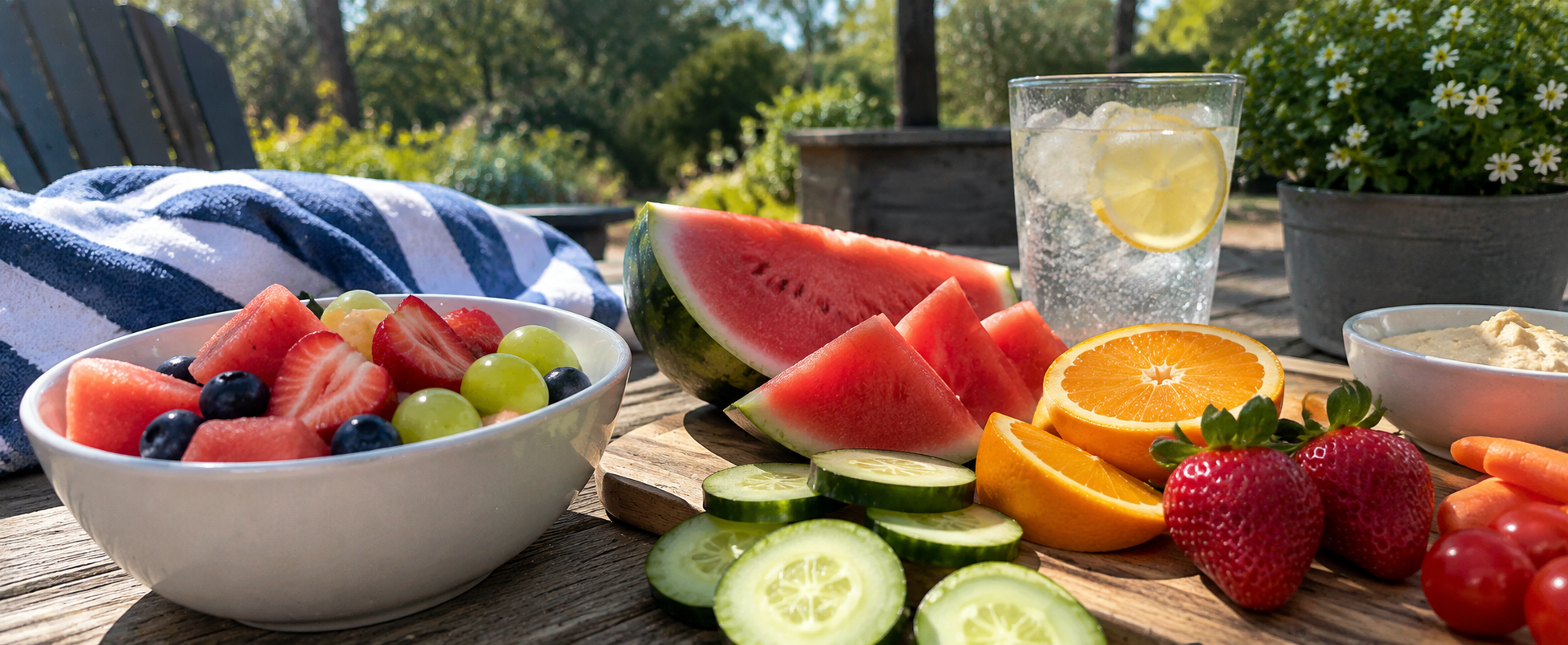 Hydrating summer foods including watermelon, cucumber, strawberries, oranges and a glass of water with lemon.