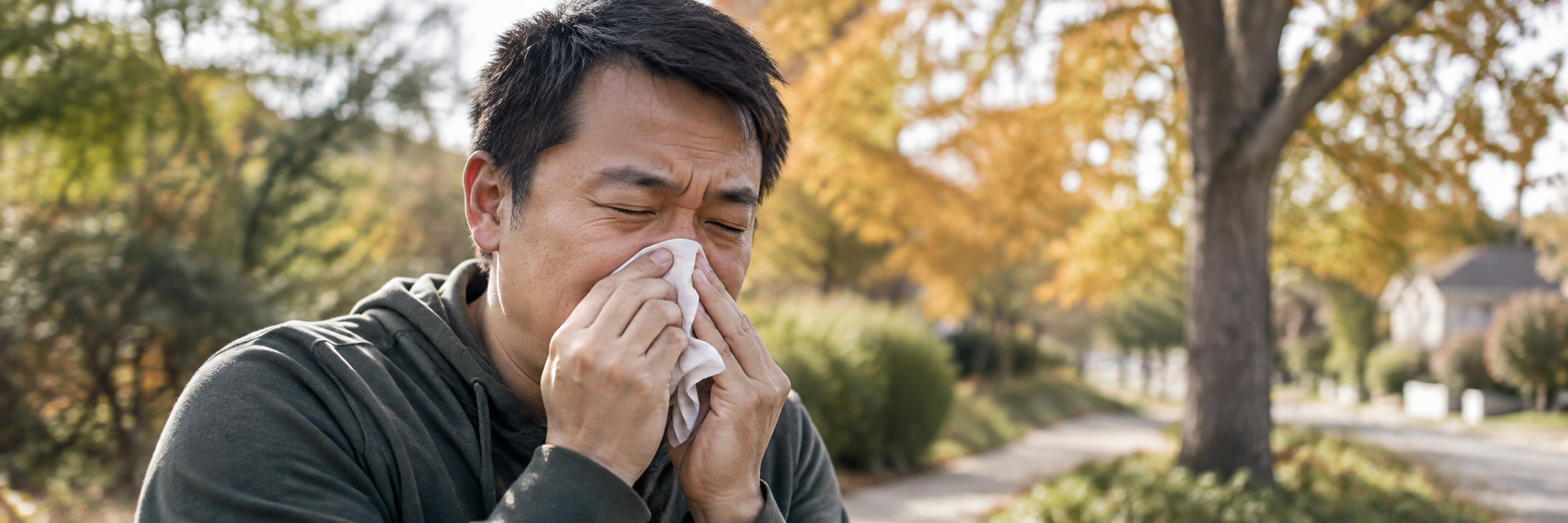 Asian man experiencing fall allergy symptoms and using a tissue outdoors during ragweed season.