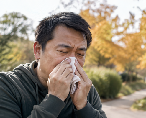 Asian man experiencing fall allergy symptoms and using a tissue outdoors during ragweed season.