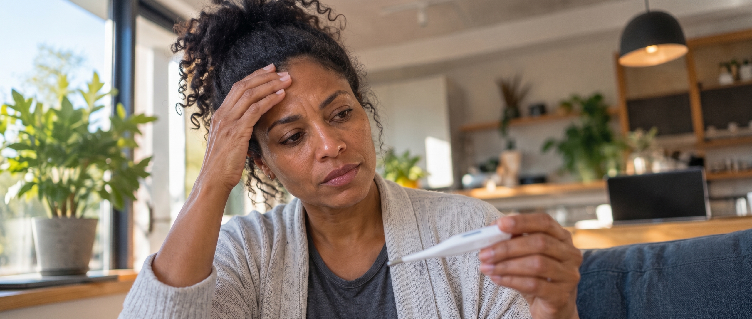 A young Black woman sitting in a living room, holding her head and looking concerned while reading a digital thermometer.