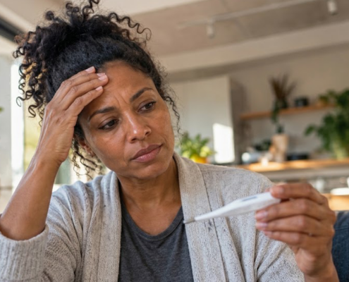 Woman checking her temperature with a digital thermometer while experiencing possible flu, COVID-19, or RSV symptoms at home.