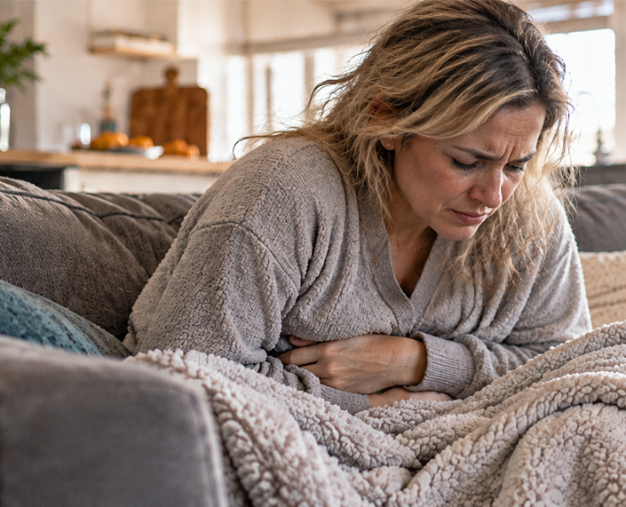 Woman with stomach cramps resting on a couch with water, soup, crackers, and an electrolyte drink nearby while a child relaxes in the background.